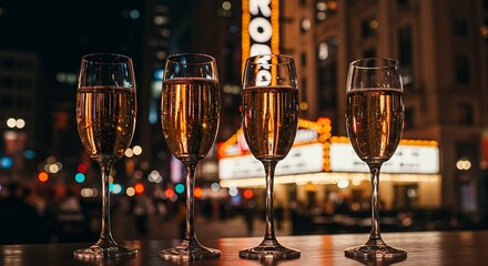  Elegant champagne flutes filled with a light-colored sparkling wine on a bar counter, with a blurred backdrop of a luxurious infinity pool overlooking a jungle valley. Ratio 16:9, exotic, opulent, re