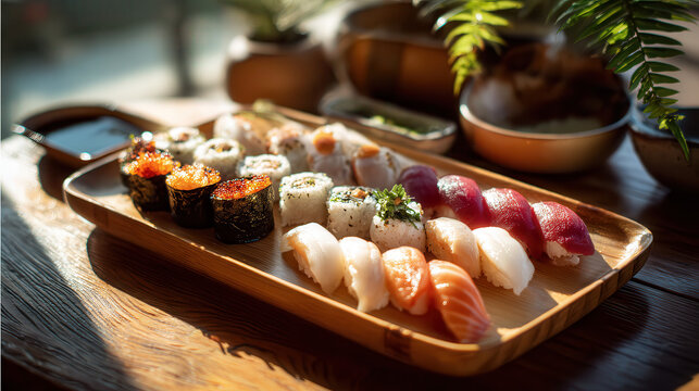 Assortment of fresh sushi and nigiri on a wooden platter - Powered by Adobe