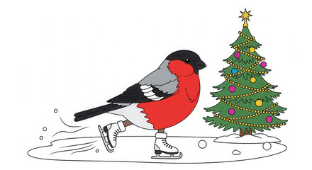 Fototapeta premium Colorful illustration of a bullfinch bird skating on ice near a decorated Christmas tree, showcasing a festive winter scene with joyful holiday spirit and playful atmosphere