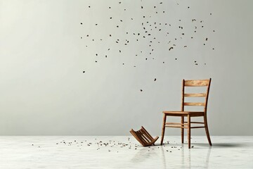 Japandi furniture Montessori Intrusive thought Ephemeral content Squarespace designer Headless wordpress Pipersong Honbay Wooden Street The Citizenry A lone overturned chair on polished surface symbo