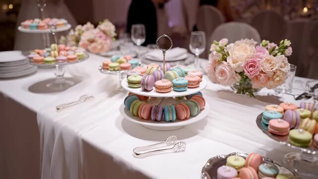 Macarons elegantly displayed on a table with floral arrangements