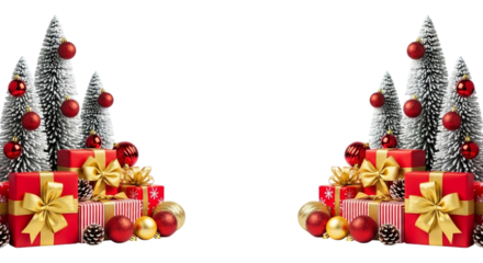 Festive arrangement of miniature snowdusted christmas trees, red gift boxes with gold ribbon, and shiny baubles isolated on transparent background for holiday design