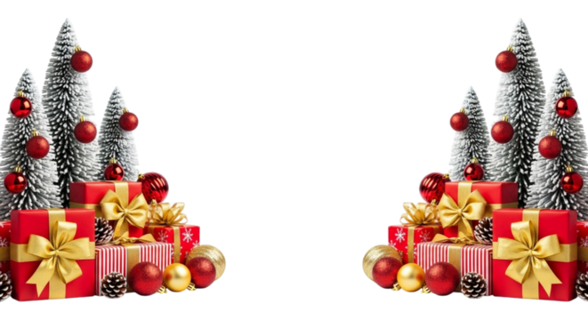 Festive arrangement of miniature snowdusted christmas trees, red gift boxes with gold ribbon, and shiny baubles isolated on transparent background for holiday design