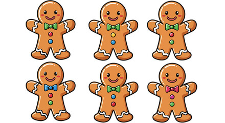 A delightful collection of six charming cartoon gingerbread men, festive holiday cookies decorated with colorful icing and bow ties for Christmas