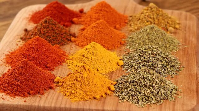 Various colorful spices displayed on wooden cutting board