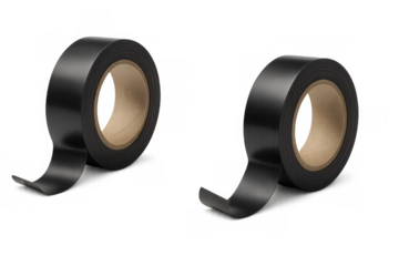 Black electrical insulation tape rolls with adhesive for electrical repair work on transparent background