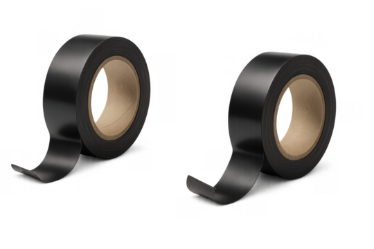 Black electrical insulation tape rolls with adhesive for electrical repair work on transparent background