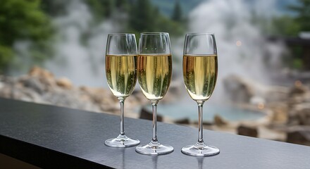  Elegant champagne flutes filled with a light-colored sparkling wine on a bar counter, with a blurred backdrop of a hot spring resort in the mountains with steam rising. Ratio 16:9, tranquil, therapeu