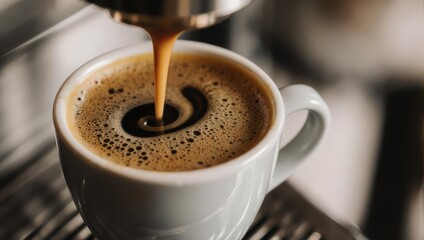 Espresso being poured into a white mug, coffee preparation.