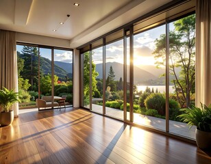 Obraz premium Modern living room mountain lake view high resolution picture