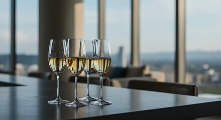 Elegant champagne flutes filled with a light-colored sparkling wine on a bar counter, with a blurred backdrop of a hot spring resort in the mountains with steam rising. Ratio 16:9, tranquil, therapeu