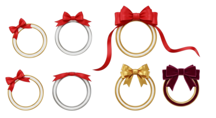 Collection of various decorative circular frames adorned with colorful satin and velvet bows in red, gold, and dark purple, isolated on transparent background