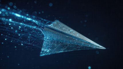 Futuristic digital paper airplane soaring through cosmic stars