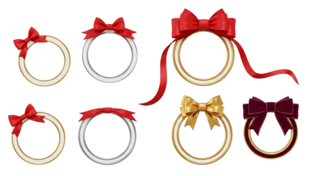 Collection of various decorative circular frames adorned with colorful satin and velvet bows in red, gold, and dark purple, isolated on transparent background
