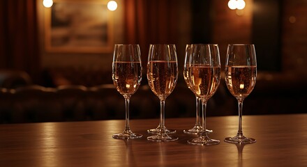  Elegant champagne flutes filled with a light-colored sparkling wine on a bar counter, with a blurred backdrop of a luxury apartment with floor-to-ceiling windows and a breathtaking city view. Ratio 4