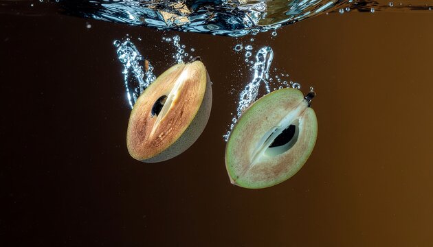 Vertical Floating Sapodilla Slices with Sweet Caramel Texture and Reflection