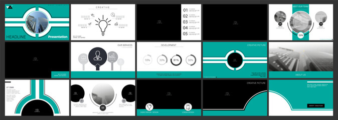 Template for business presentations. Green, black elements on a white background. Multipurpose slide, Infographics, monitor, flyer, annual report, advertising, brochures, photo. Vector illustration