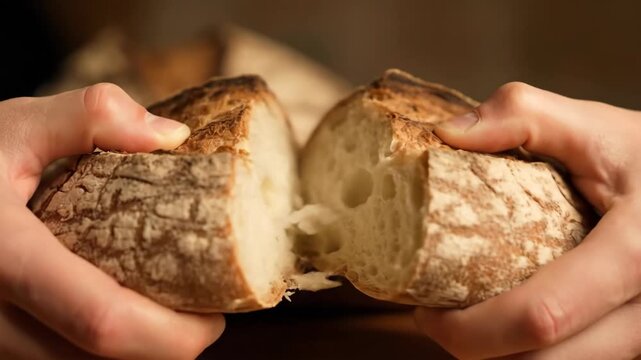 Hands splitting a fresh loaf of bread in a close up view