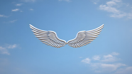 Obraz premium emblem. Polished silver wing emblem against a clear blue sky with soft clouds. wildlife magazines, conservation campaigns, designed for eco-tourism storytelling, used by account managers.