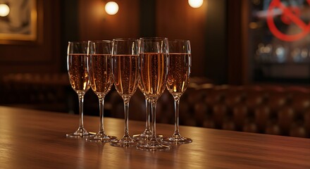  Elegant champagne flutes filled with a light-colored sparkling wine on a bar counter, with a blurred backdrop of a dimly lit speakeasy with vintage d�cor and leather furniture. Ratio 16:9, secret, vi