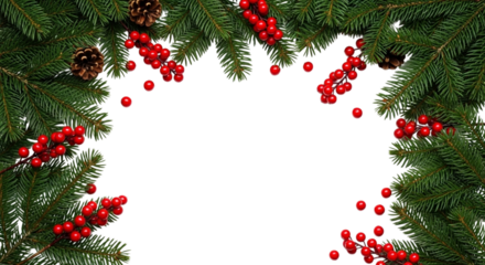 Christmas fir branch border frame with red berry and pinecone decoration isolated on transparent background for holiday greeting card design element