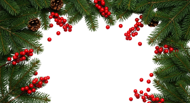 Christmas fir branch border frame with red berry and pinecone decoration isolated on transparent background for holiday greeting card design element - Powered by Adobe