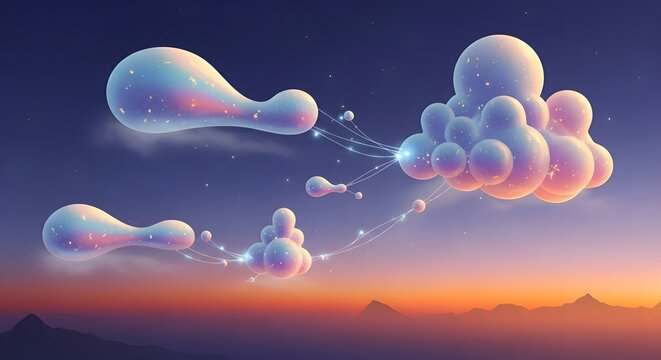 Dreamy digital landscape where abstract glowing cloud formations connect with luminous trails against a serene sunset sky, symbolizing network and ethereal beauty - Powered by Adobe