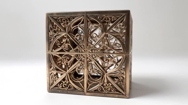 A metallic cube with intricate, geometric openwork design, resting on a white surface