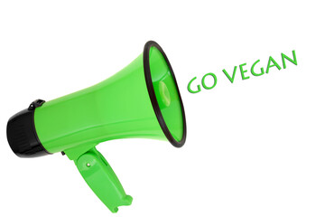 Megaphone with go vegan slogan on white background. Green issue concept for plant based foods, environmental conservation, save the earth concept.  
