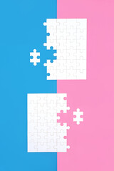Jigsaw puzzle with missing piece on baby blue pink background. Opposites contrast duality theme. Business opportunities male female teamwork concept.