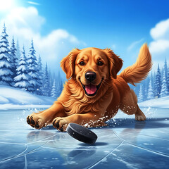 Golden Retriever Playing Hockey on Ice – Cute Winter Dog Sports Scene