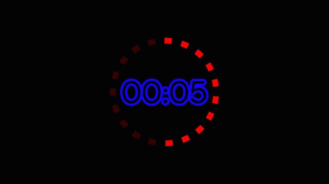 Blue Digital Countdown Timer 00:05 with Red Circular Loading Dashes on Black Background.