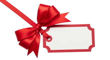 Vibrant red satin ribbon tied into a perfect bow attached to a blank gift tag with a red border, isolated on transparent background for copyspace