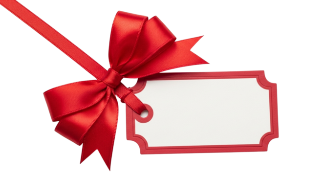 Vibrant red satin ribbon tied into a perfect bow attached to a blank gift tag with a red border, isolated on transparent background for copyspace