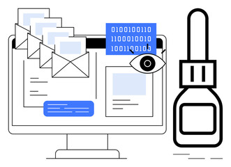 Computer screen with email icons, digital binary codes, and an eye element for monitoring. Bottle icon symbolizes security assurance. Ideal for cybersecurity, email safety, data privacy, online