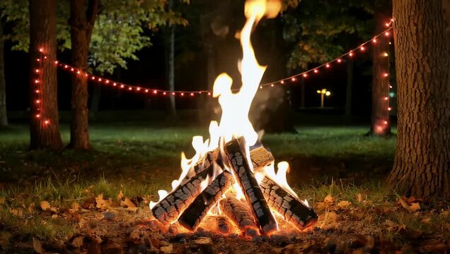 Atmospheric 4K video capturing flames leaping vigorously from a bonfire with the intense light successfully illuminating the surrounding trees and grass while a string of festive lights twinkles