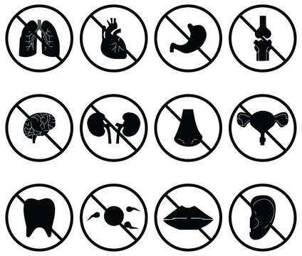 No Sensory & Health Prohibition Icons – Vector Set of Forbidden Signs for Smell, Hearing, Speech, and Medical Awareness