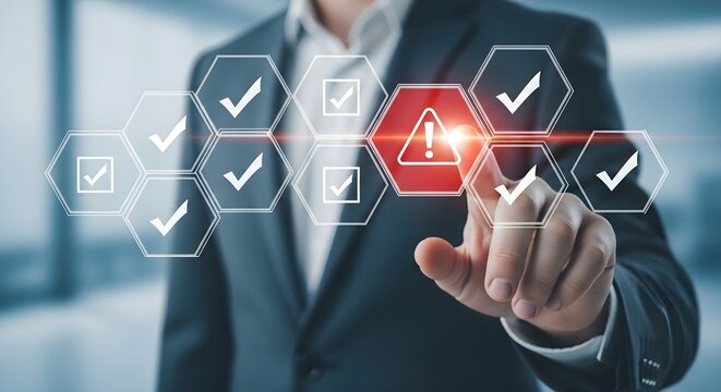 Businessman touching a digital interface highlighting a risk or warning icon