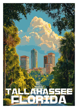 Dramatic vintage vector illustration travel poster of the Tallahassee, Florida, cityscape framed by lush green trees and foliage.