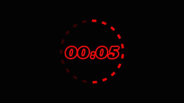 Red Glowing Digital Countdown Timer 00:05 with Circular Dotted Ring.
