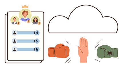 Leaderboard ranks top performers two boxing gloves clash with a hand symbolizing mediation cloud hints at digital tools. Ideal for competition, leadership, teamwork, resolution, virtual