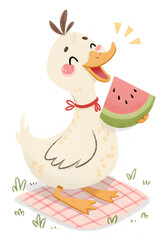 Naklejka premium Happy cartoon duck enjoying a juicy watermelon slice on a cheerful picnic blanket outdoors