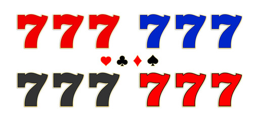 Fototapeta na wymiar 777 Casino slot machine sevens collection, jackpot symbols in red, blue, and black with golden outline, card suits. Vector illustration set for gambling, game, or entertainment design.