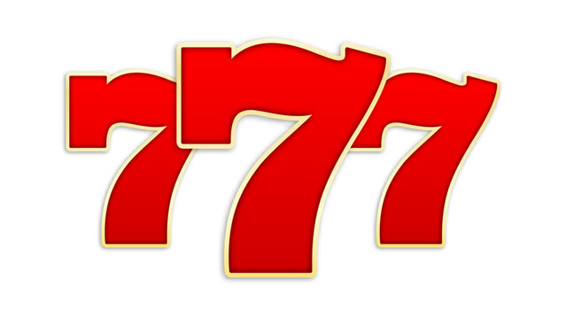 Classic slot machine jackpot, three red number sevens with golden outline. Casino symbol, luck, and gambling concept for game or advertising design. Vector illustration isolated on white.