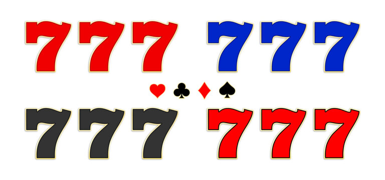 777 Casino slot machine sevens collection, jackpot symbols in red, blue, and black with golden outline, card suits. Vector illustration set for gambling, game, or entertainment design.