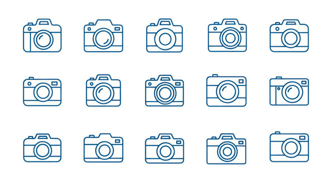 Collection of camera icons in blue outline photography and visual imagery