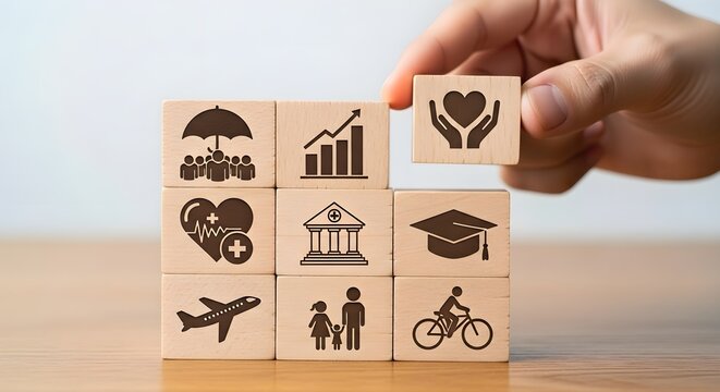 Hand placing wooden block with heart icon on stack of insurance concept blocks