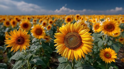Obraz premium Vibrant sunflower field facing morning sun pictures