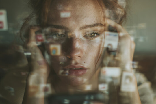 A close-up portrait of a young woman overwhelmed by digital content reflected in her eyes, symbolizing information overload, stress, social media pressure, emotional burnout, and the psychological 