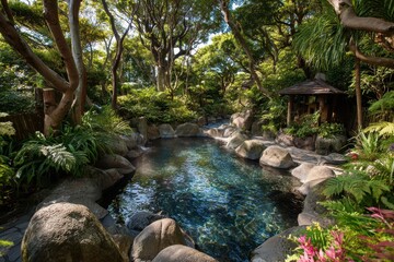 Naklejka premium Relaxing thermal springs surrounded by lush greenery, warm sunlight filtering through trees, creating a tranquil escape for rejuvenation